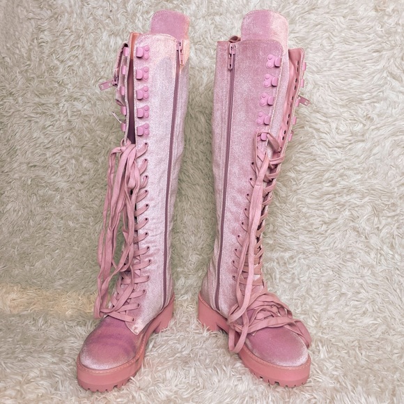 Sugar Thrillz Pink Velvet Obsidian Pocket Combat Boots | Dolls Kill - Picture 2 of 16
